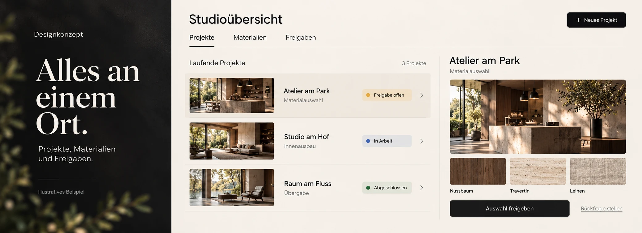 Designkonzept einer Interior-Studio-Anwendung mit Projektübersicht, Materialauswahl und Freigabe.