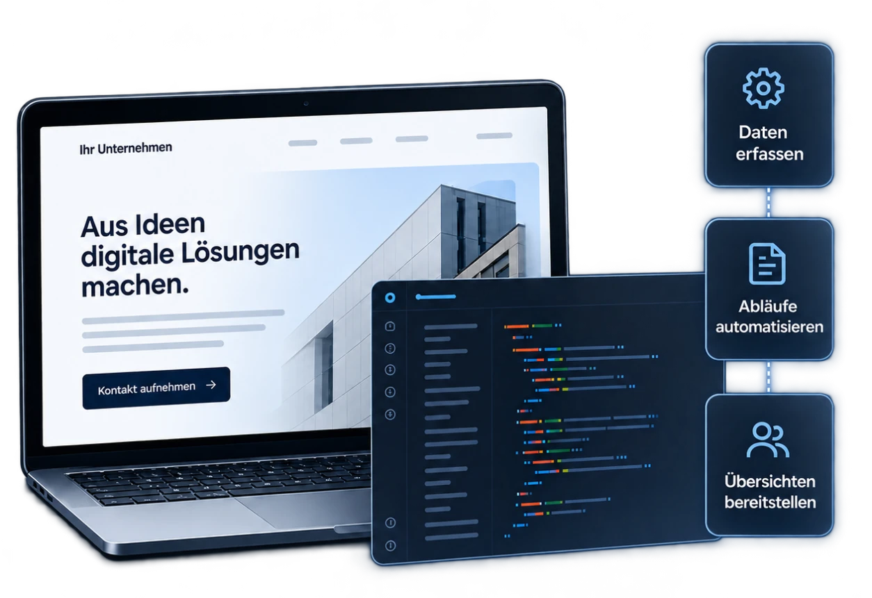 Illustratives Konzept mit einer Unternehmenswebsite auf einem Laptop, einem Codeeditor und verbundenen Schritten für Datenerfassung, Automatisierung und Übersichten.