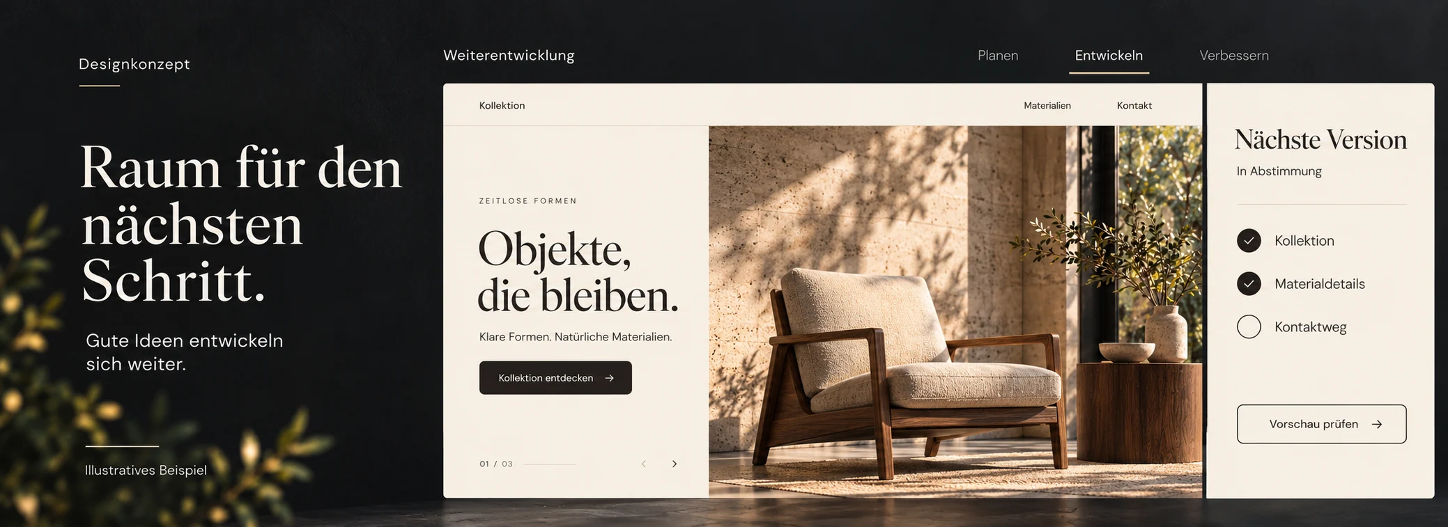 Designkonzept einer neuen Kollektionsseite mit begleitender Abstimmung zur Weiterentwicklung.