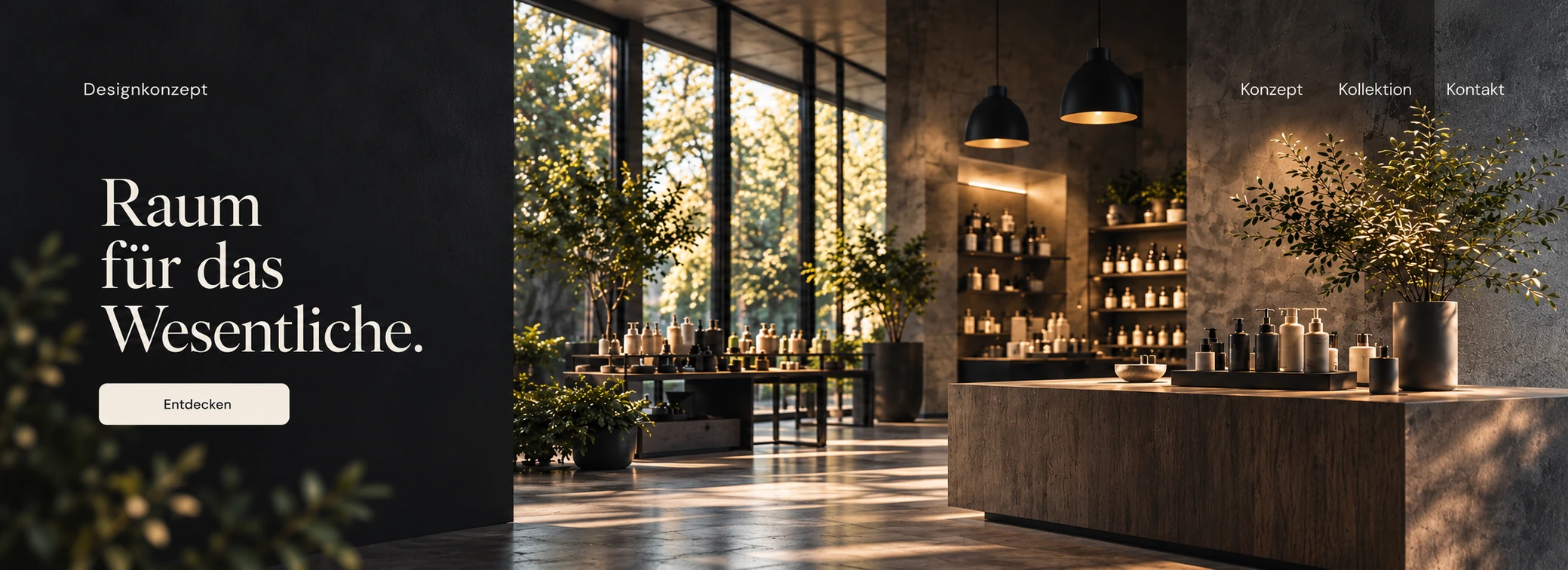 Designkonzept einer hochwertigen Unternehmenswebsite mit einem warm gestalteten Ladeninterieur.